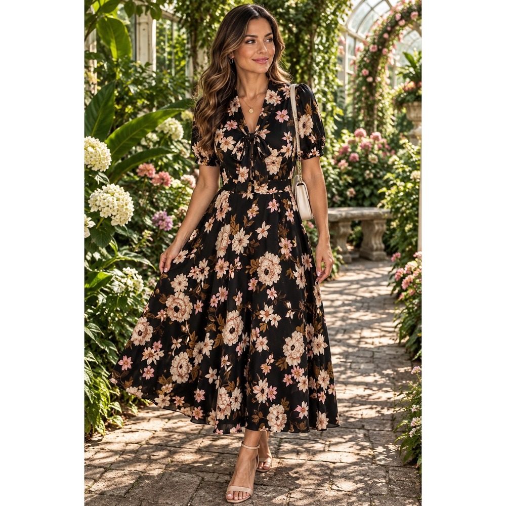 Maggy London Floral Midi Dress Womens 12 Black Pink Satin Tie Neck Puff Sleeves